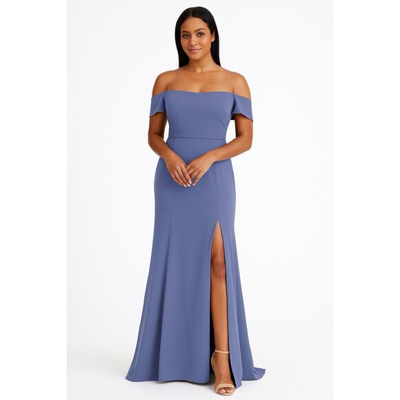 AMSALE Eden Bridemaids Dress Style GB045P Off Shoulder Slate Crepe Size 4 NEW - Picture 1 of 8
